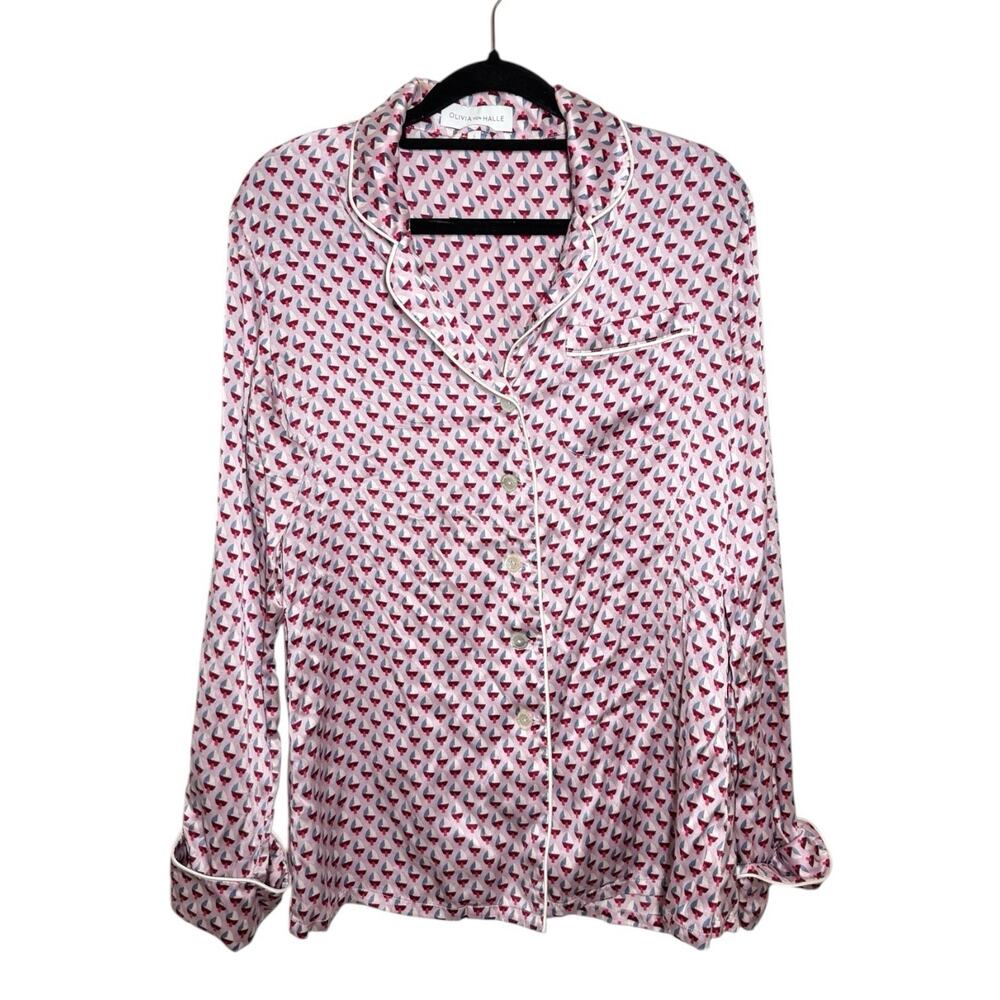 Olivia Von Halle Pink Geometric Silk Button Up Pajama Top 2 Small Medium